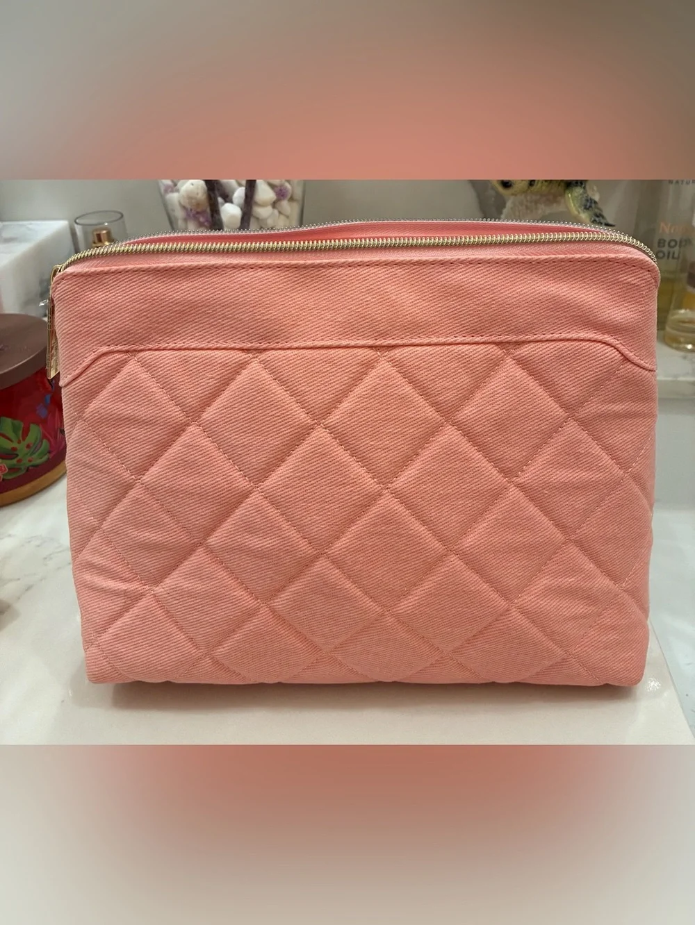 Tartan + Twine Coral Quilted Cosmetic Pouch with Gold Accents